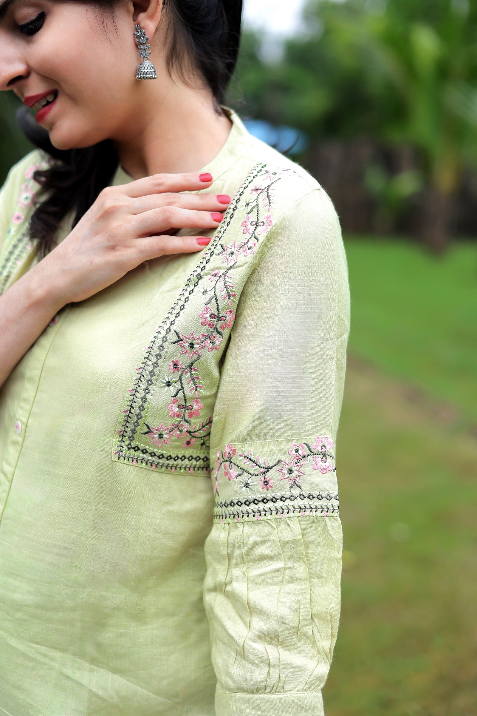 Youthnic - Rayon Embroidered Light Green Short A-Line Kurti
