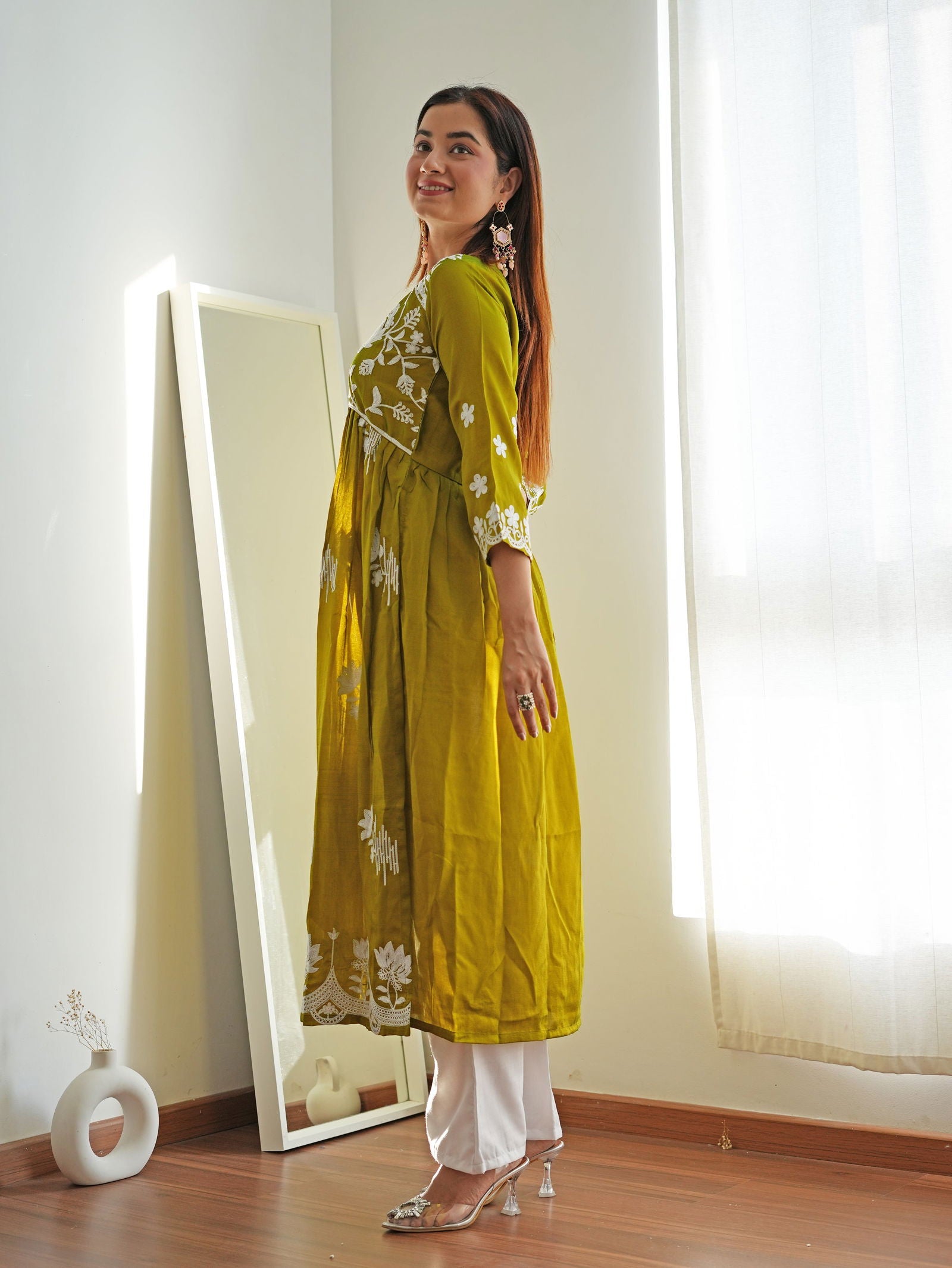Youthnic - Vichitra Silk Chikankari Embroidered Naira Cut Kurta