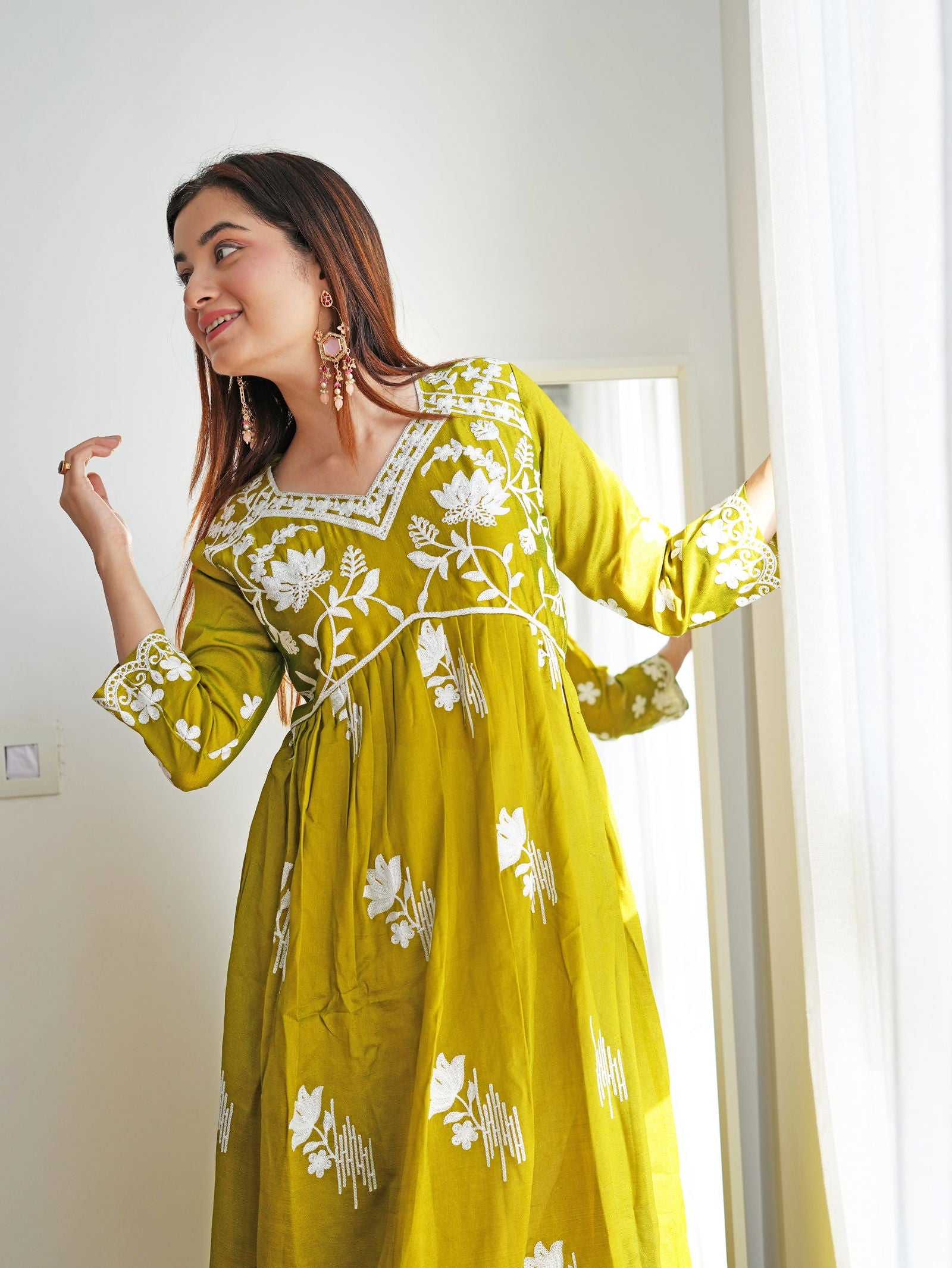 Youthnic - Vichitra Silk Chikankari Embroidered Naira Cut Kurta