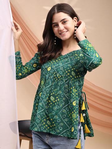 Green Cotton Blend Bandhani Print Peplum Top With Tassles and Kodi