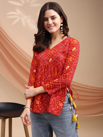 Red Cotton Blend Bandhani Print Peplum Top With Tassles and Kodi