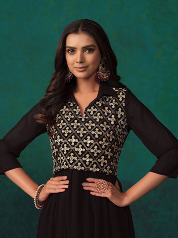 Black Georgette Embroidered Anarkali Dress