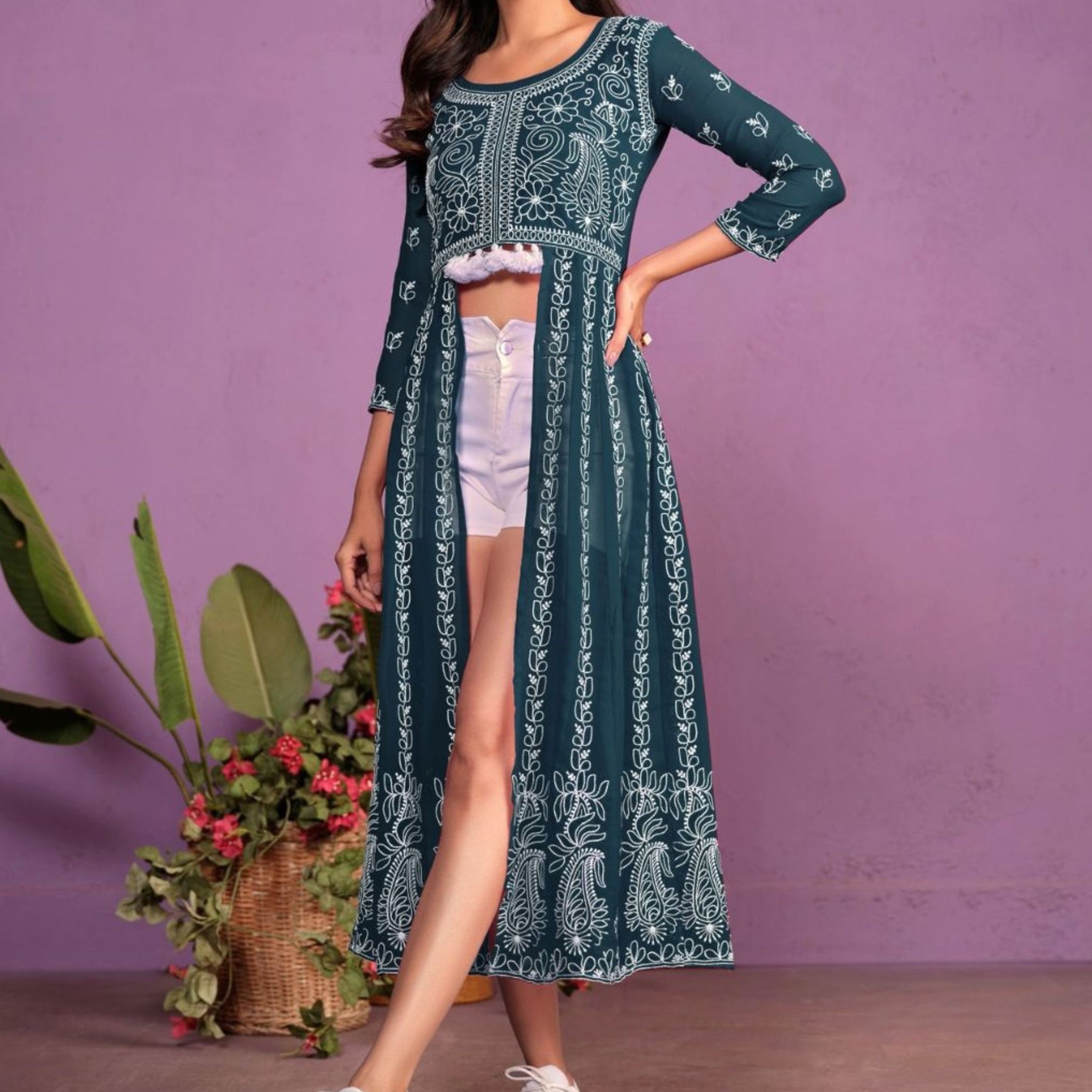 Teal Blue Georgette Front Slit Chikankari Kurta
