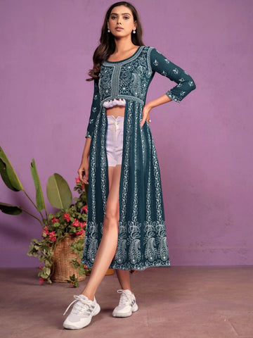 Teal Blue Georgette Front Slit Chikankari Kurta