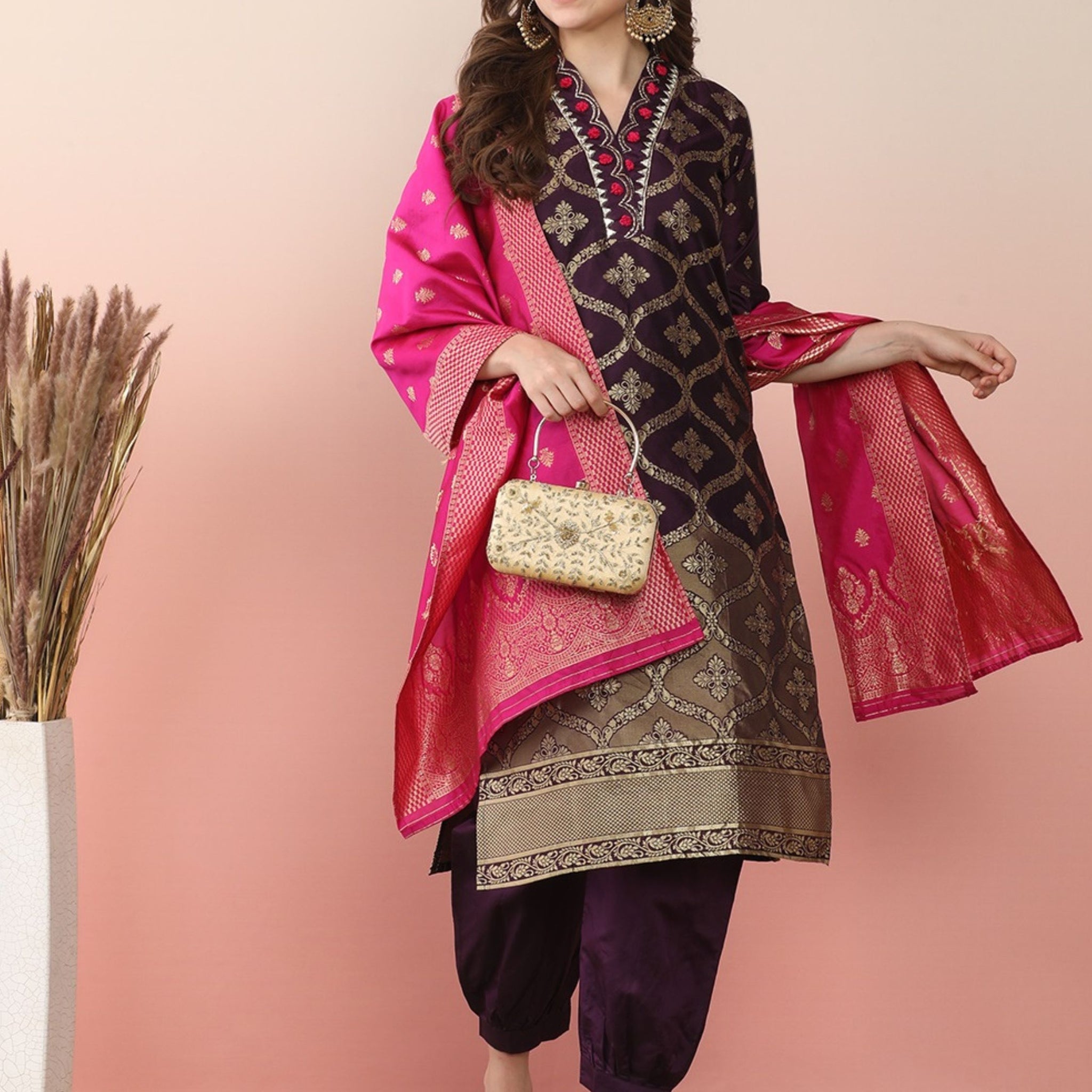 Purple Silk Blend Straight Embroidered Banarasi Kurta salwar Set With Dupatta