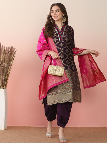 Purple Silk Blend Straight Embroidered Banarasi Kurta salwar Set With Dupatta