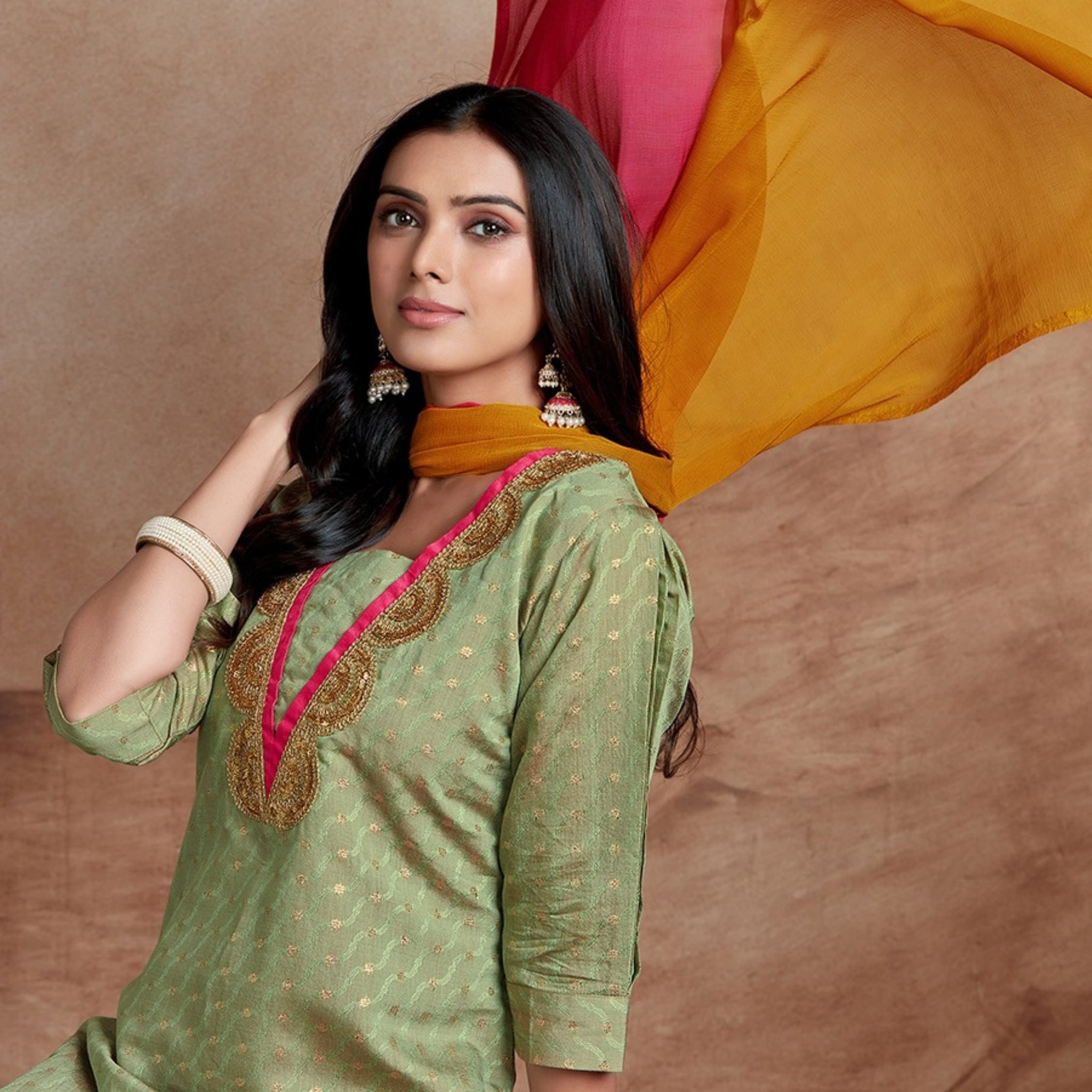 Chanderi Straight Embroidery Kurta Pant with Dupatta Set