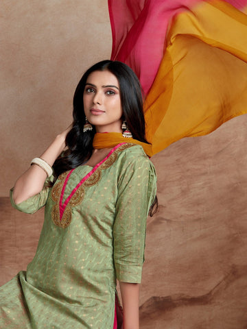 Chanderi Straight Embroidery Kurta Pant with Dupatta Set