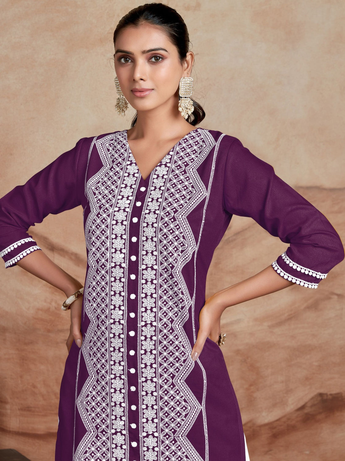 Wine Cotton Rayon Chikankari Embroidery Straight Kurta