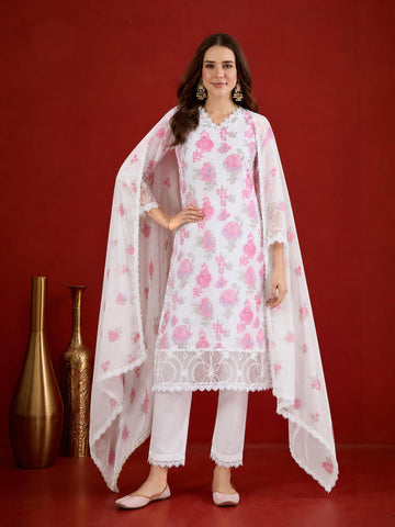 White Georgette Floral Print Kurta Pant With Dupatta Set