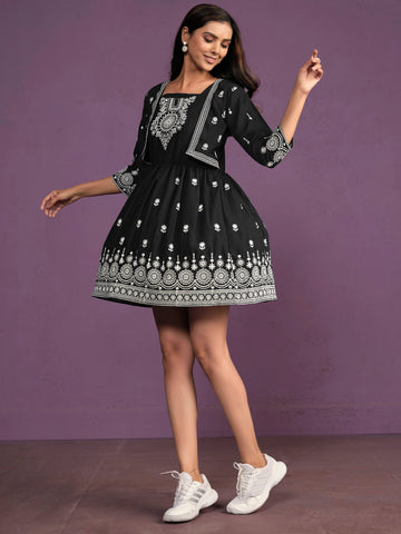 Chikankari Embroidery Rayon Fit & Flare Dress