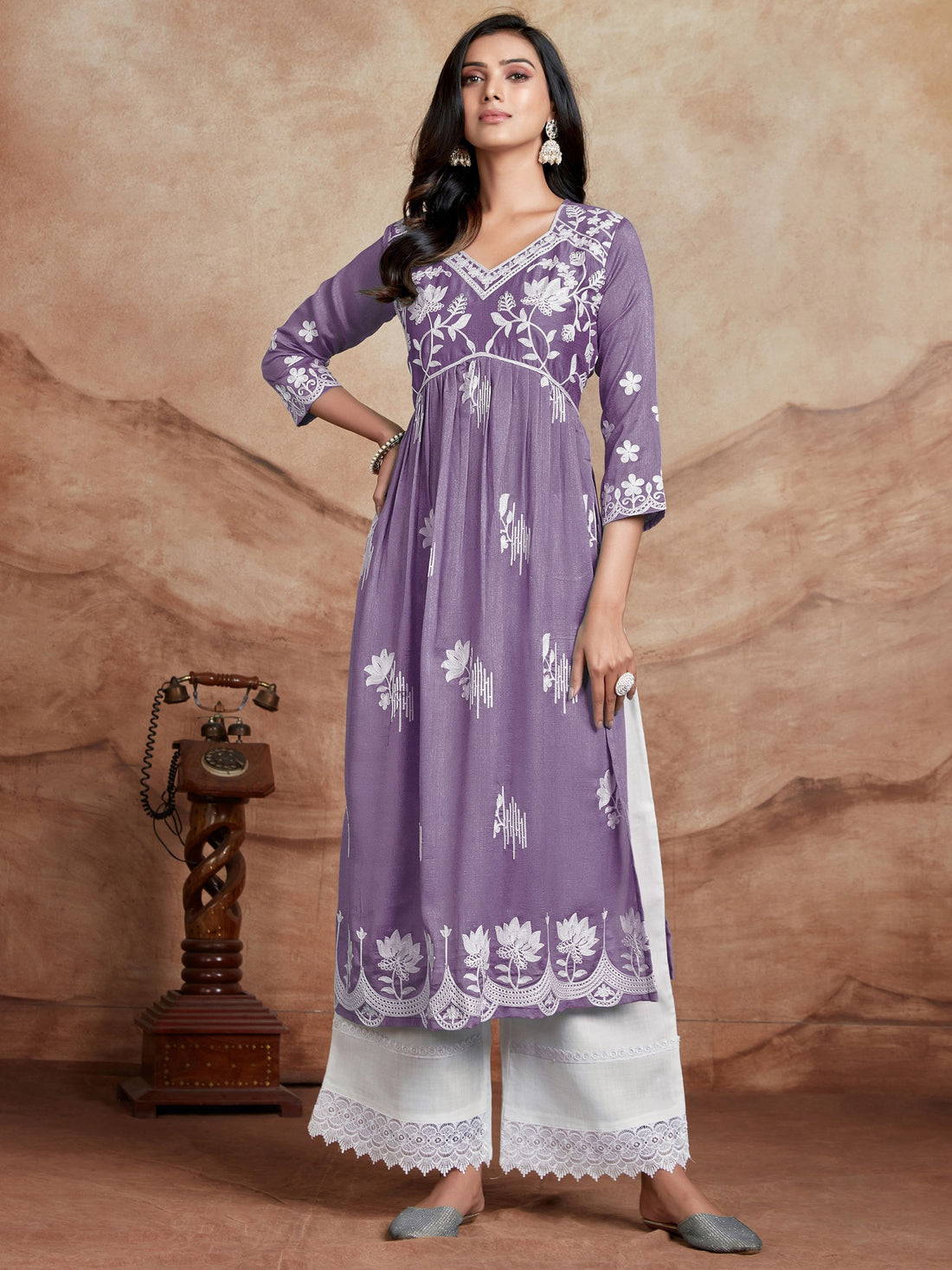Vichitra Silk Chikankari Embroidered Naira Cut Kurta (Lavender)