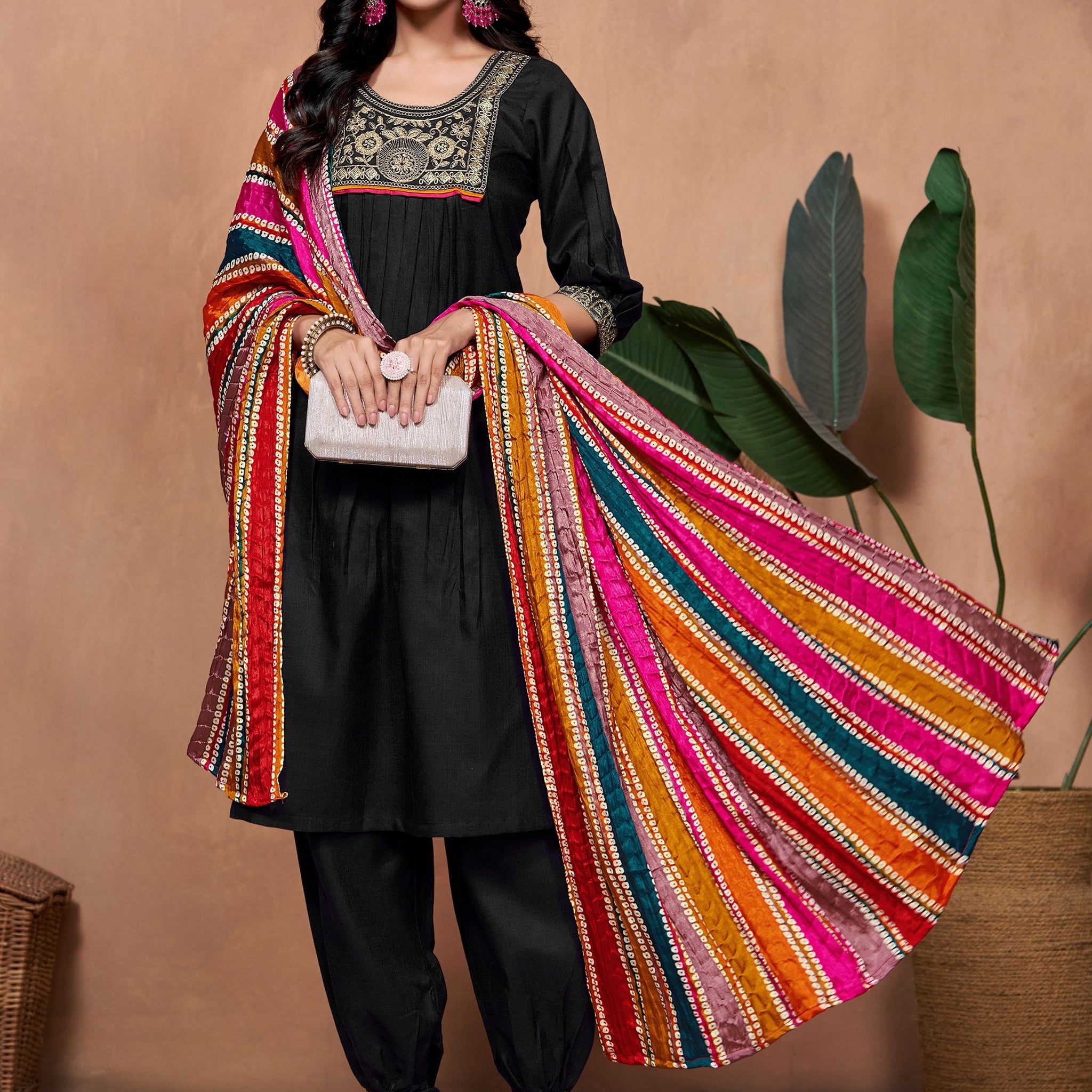 Cotton Blend Embroidered Kurta Salwar Set With Multicolor Dupatta