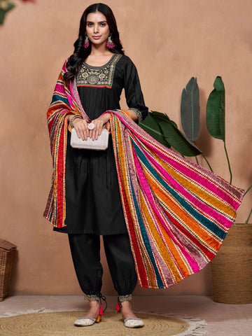 Cotton Blend Embroidered Kurta Salwar Set With Multicolor Dupatta