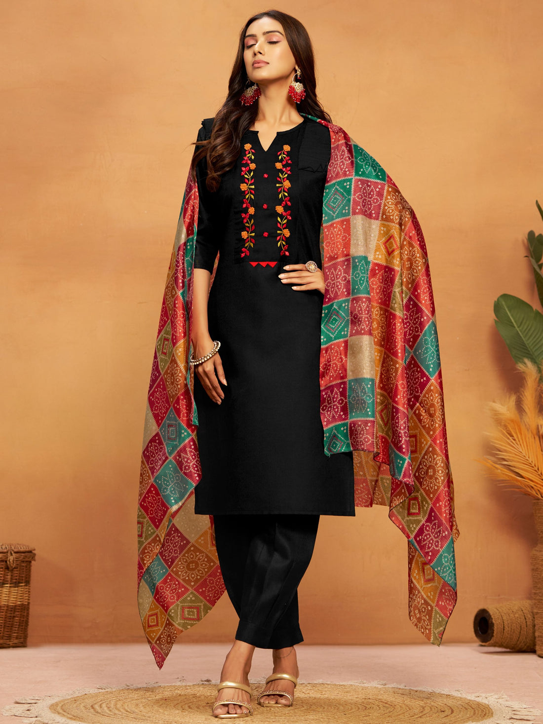 Embroidered and Mirror Work Cotton Straight Kurta Patiala With Bandhani Dupatta Set