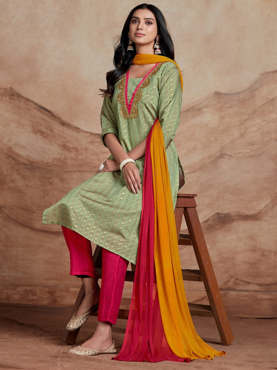 Chanderi Straight Embroidery Kurta Pant with Dupatta Set