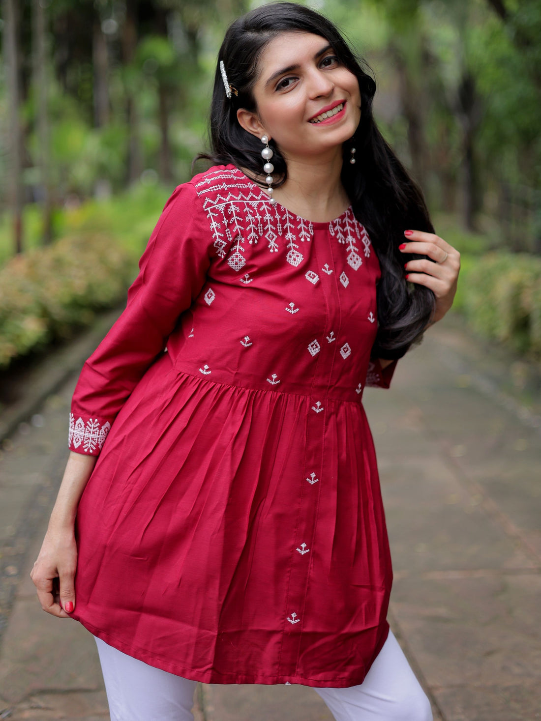 Maroon Cotton Blend Embroidered A-Line Short Kurti