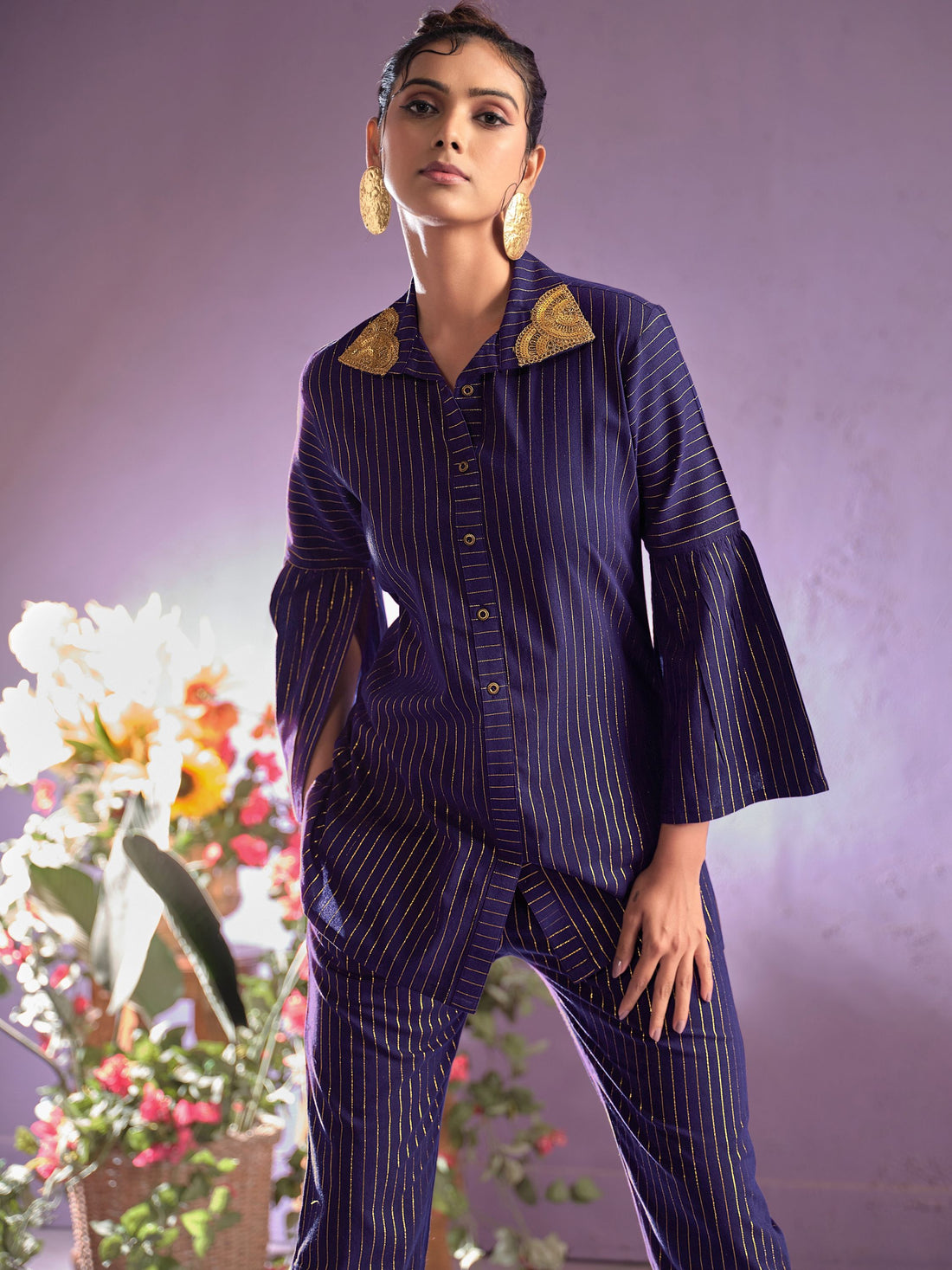 Navy Blue Cotton Blend Zari Embroidery Work Co-ords Set
