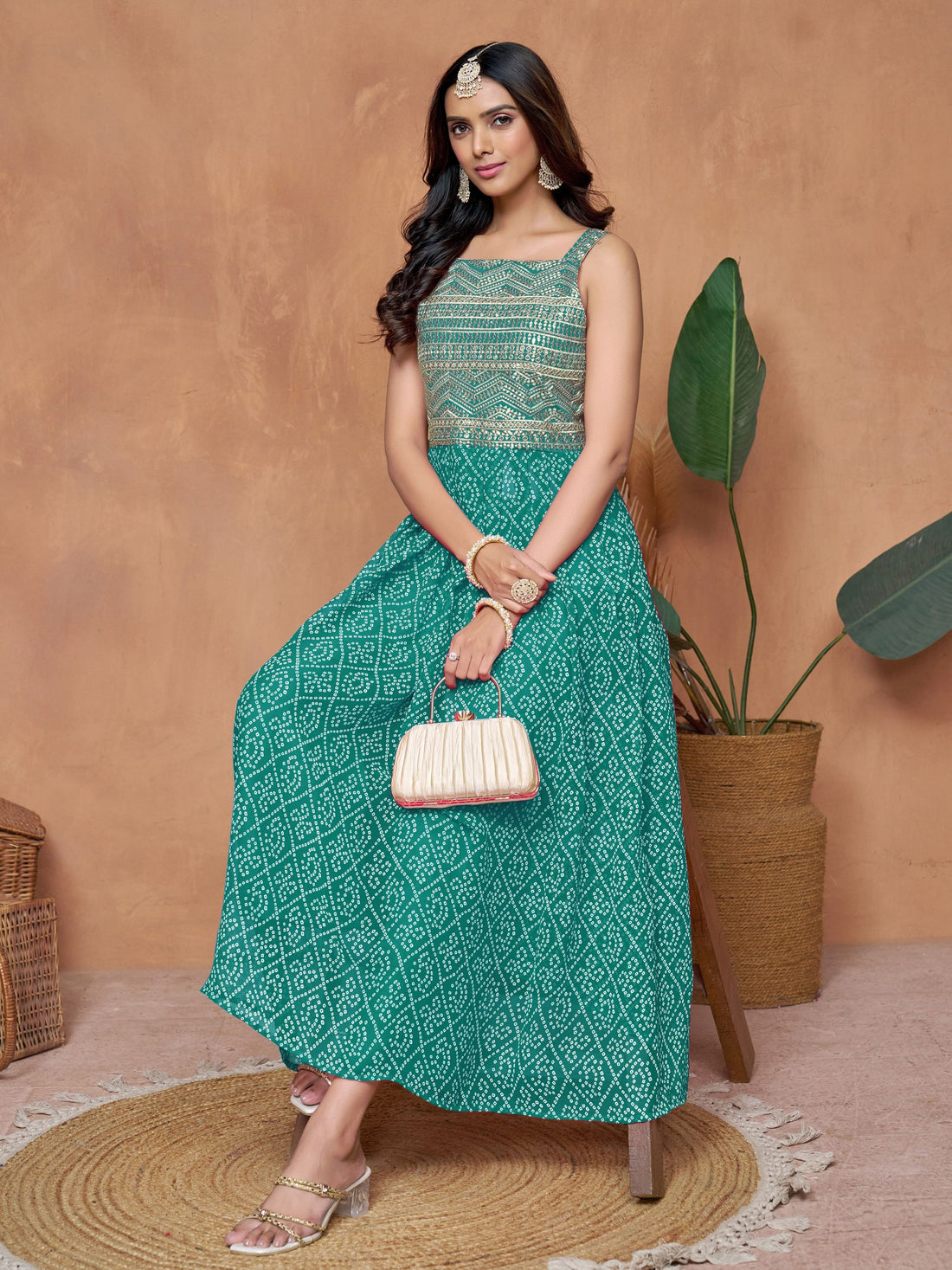 Georgette Rama Green Embroidered Bandhani Print Anarkali Kurta