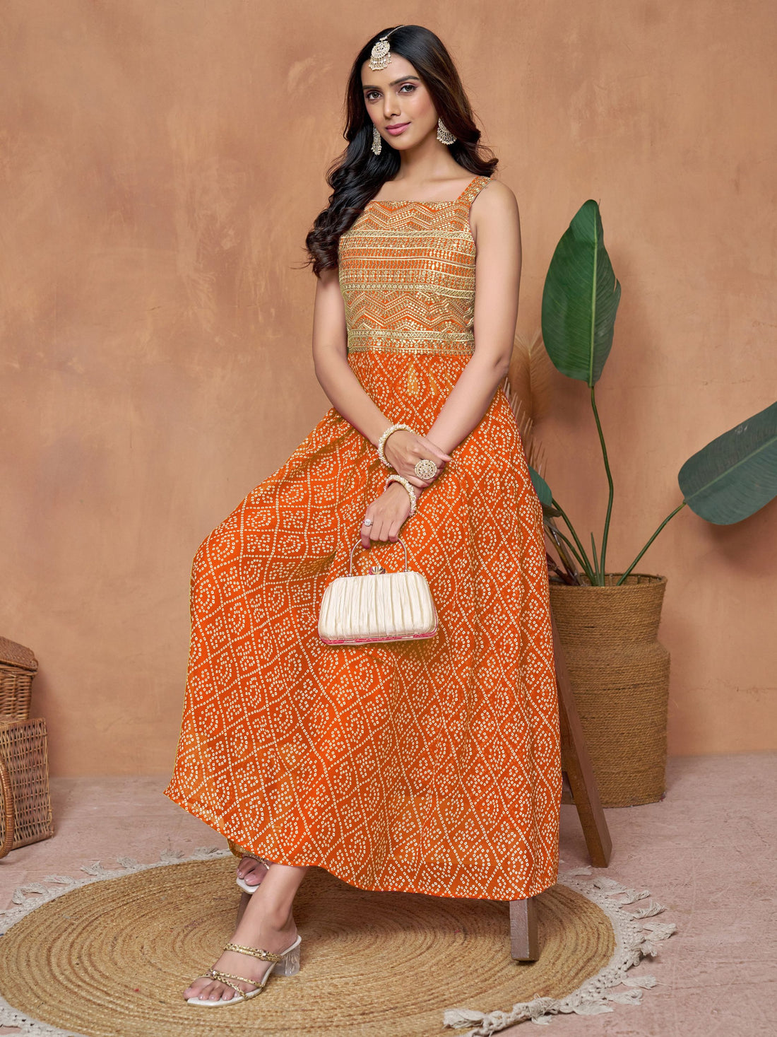 Orange Georgette Embroidered Bandhani Print Anarkali Kurta