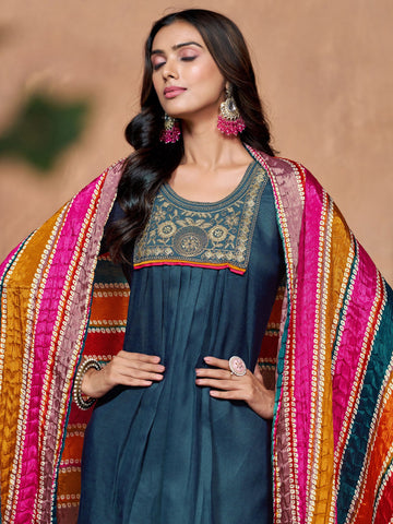 Teal Blue Cotton Blend Embroidered Kurta Salwar Set With Multicolor Dupatta