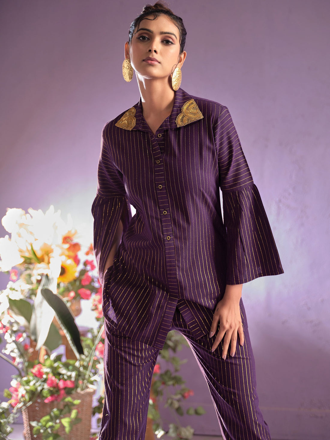 Purple Cotton Blend Zari Embroidery Work Co-ords Set