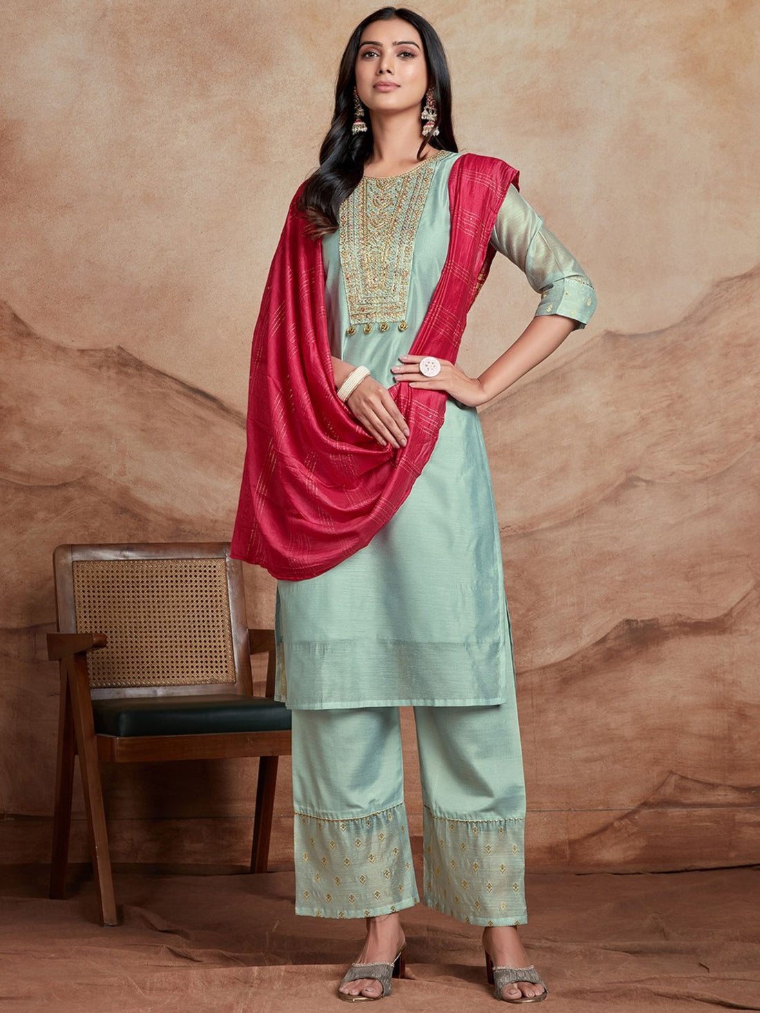 Chanderi Silk Embroidery Patch Work Yoke Design Kurta Pant and Dupatta Set