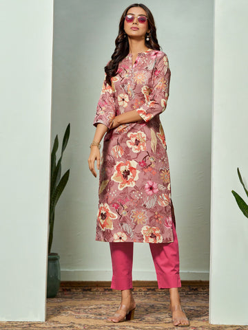 Straight Floral Print Kurta With Pant Set