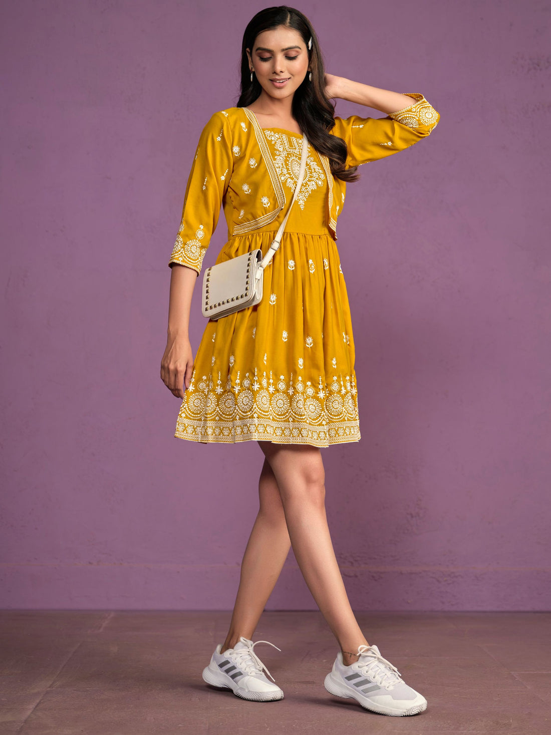 Mustard Chikankari Embroidery Rayon Fit & Flare Dress
