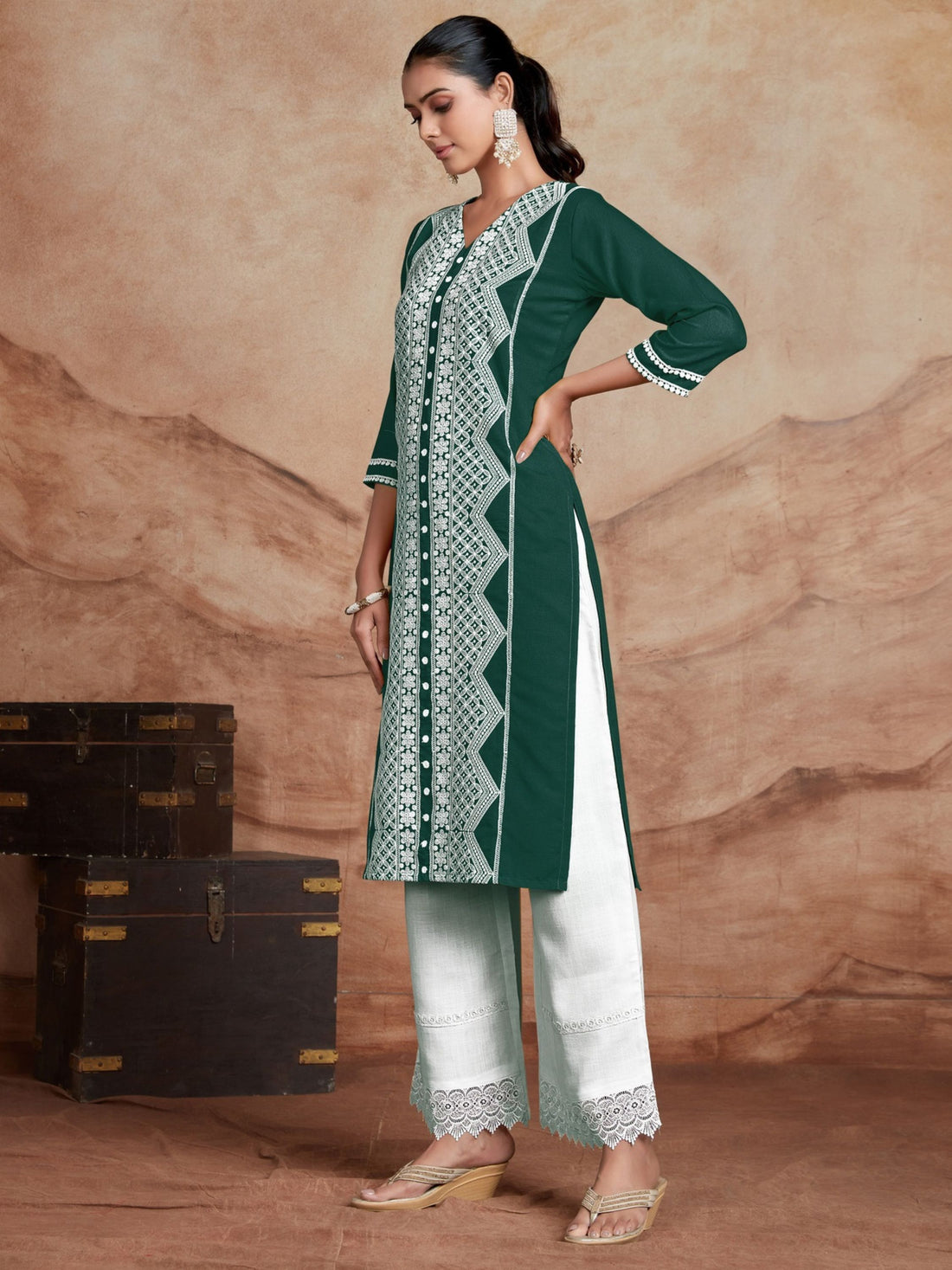 Green Cotton Rayon Chikankari Embroidery Straight Kurta