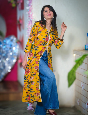 Mustard Cotton Blend Ajrak Print A-line Front Slit Long Kurta