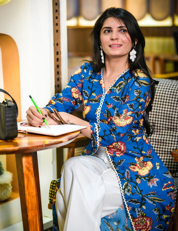 Rama Cotton Blend Ajrak Print A-line Front Slit Long Kurta