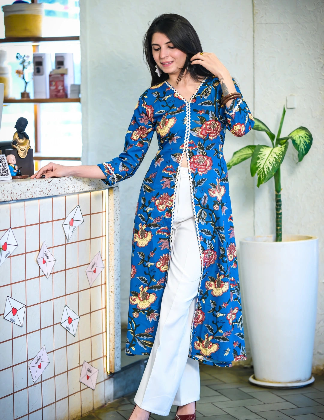 Rama Cotton Blend Ajrak Print A-line Front Slit Long Kurta