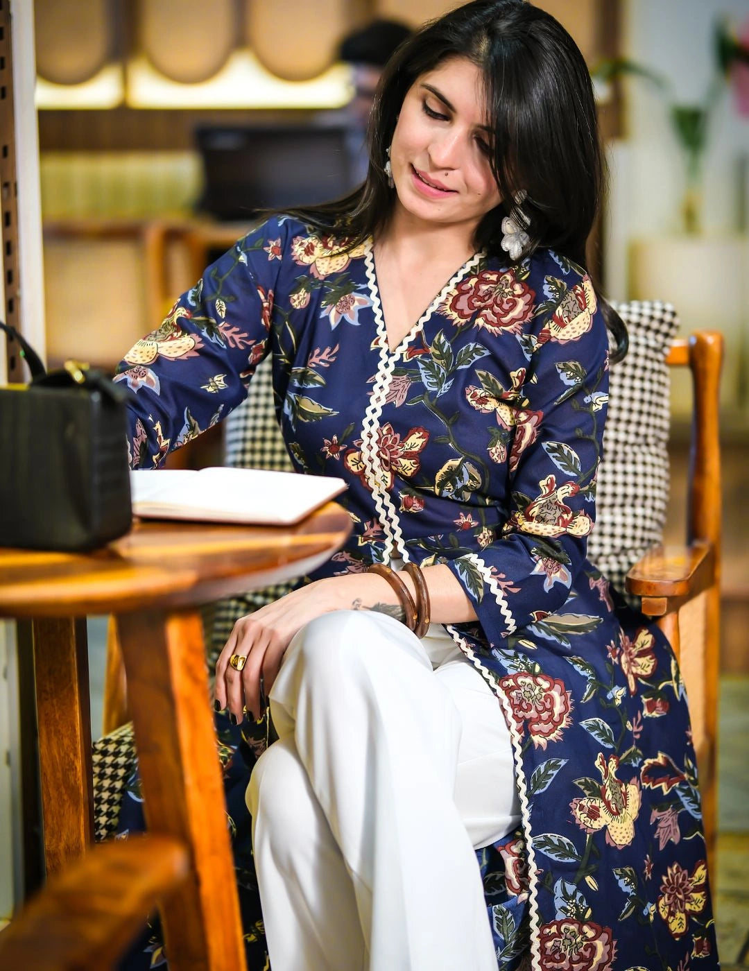 Navy Blue Cotton Blend Ajrak Print A-line Front Slit Long Kurta