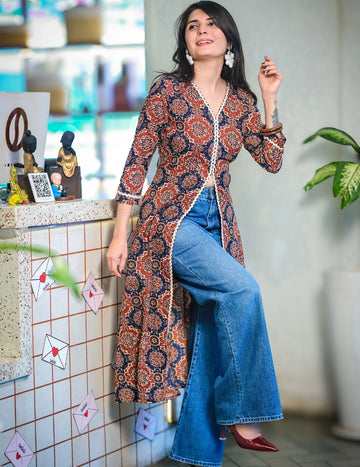 Rust Cotton Blend Ajrak Print A-Line Front Slit Long Kurta