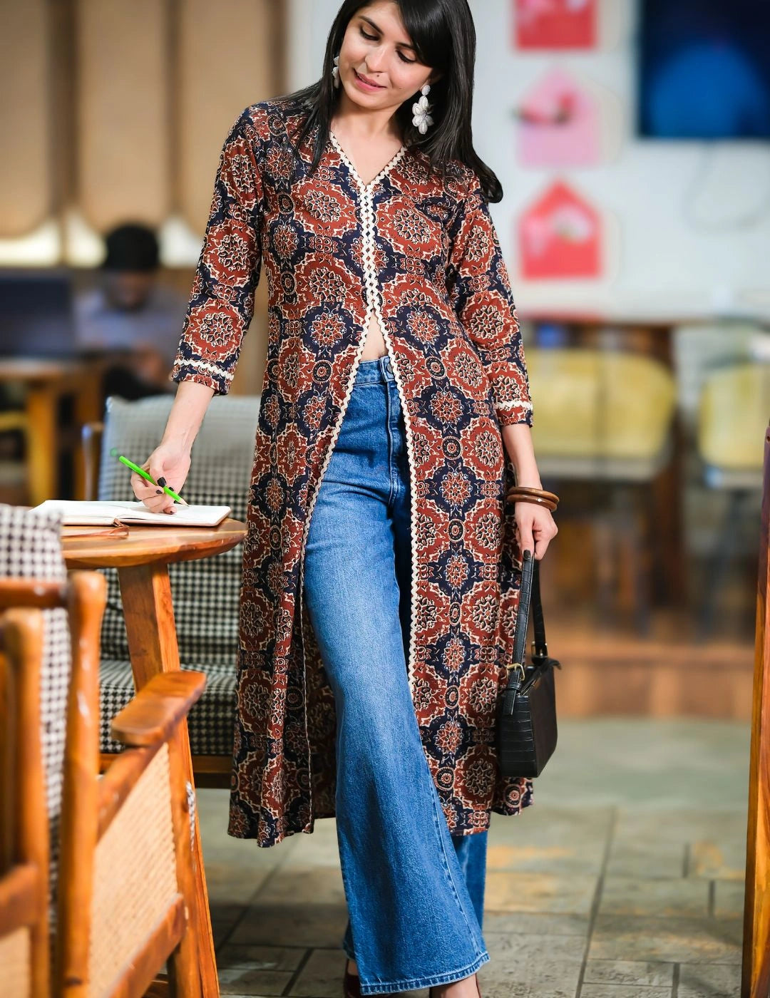 Rust Cotton Blend Ajrak Print A-line Front Slit Long Kurta
