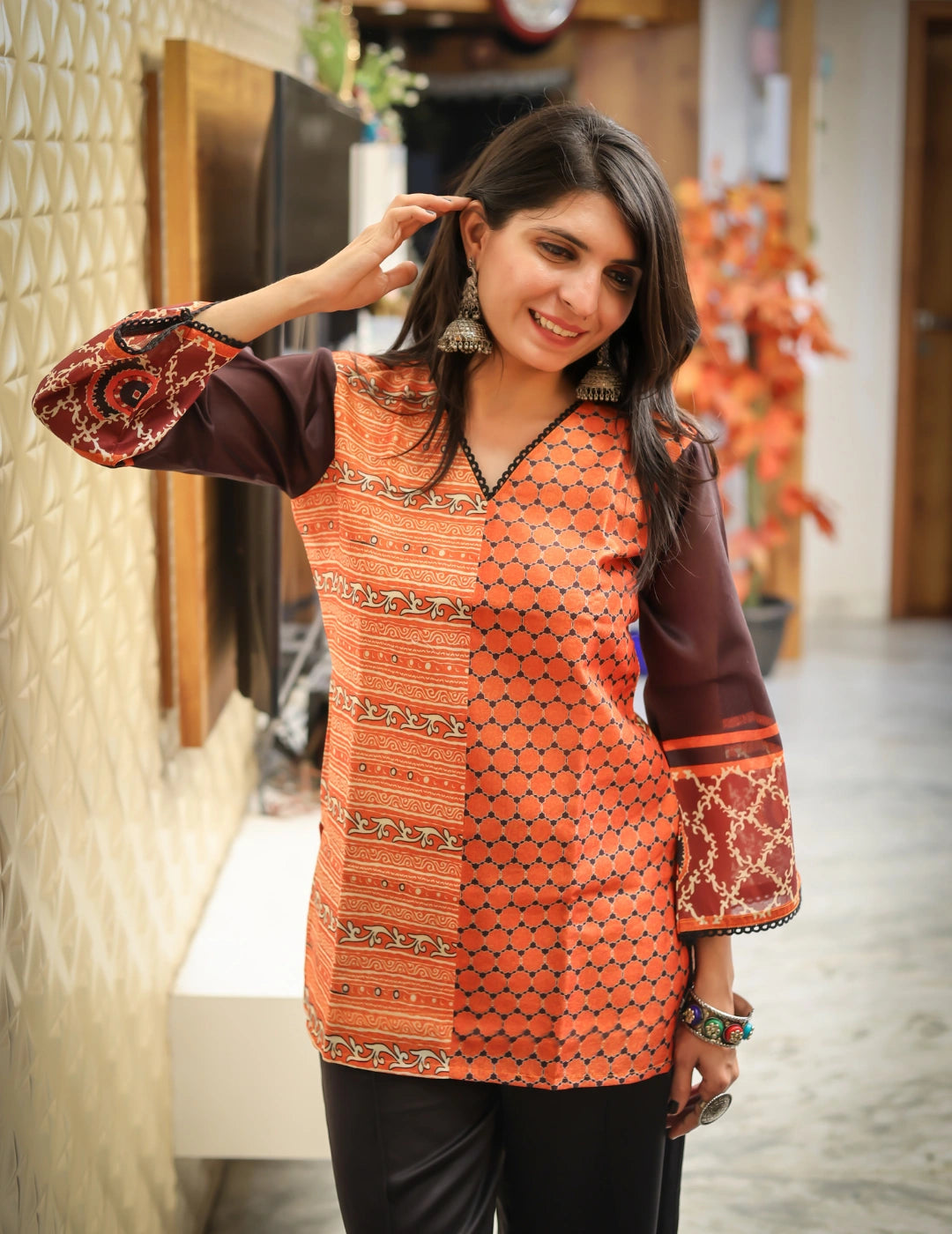 Silk Blend Printed Staright fit Tunic Short Kurti (Orange)