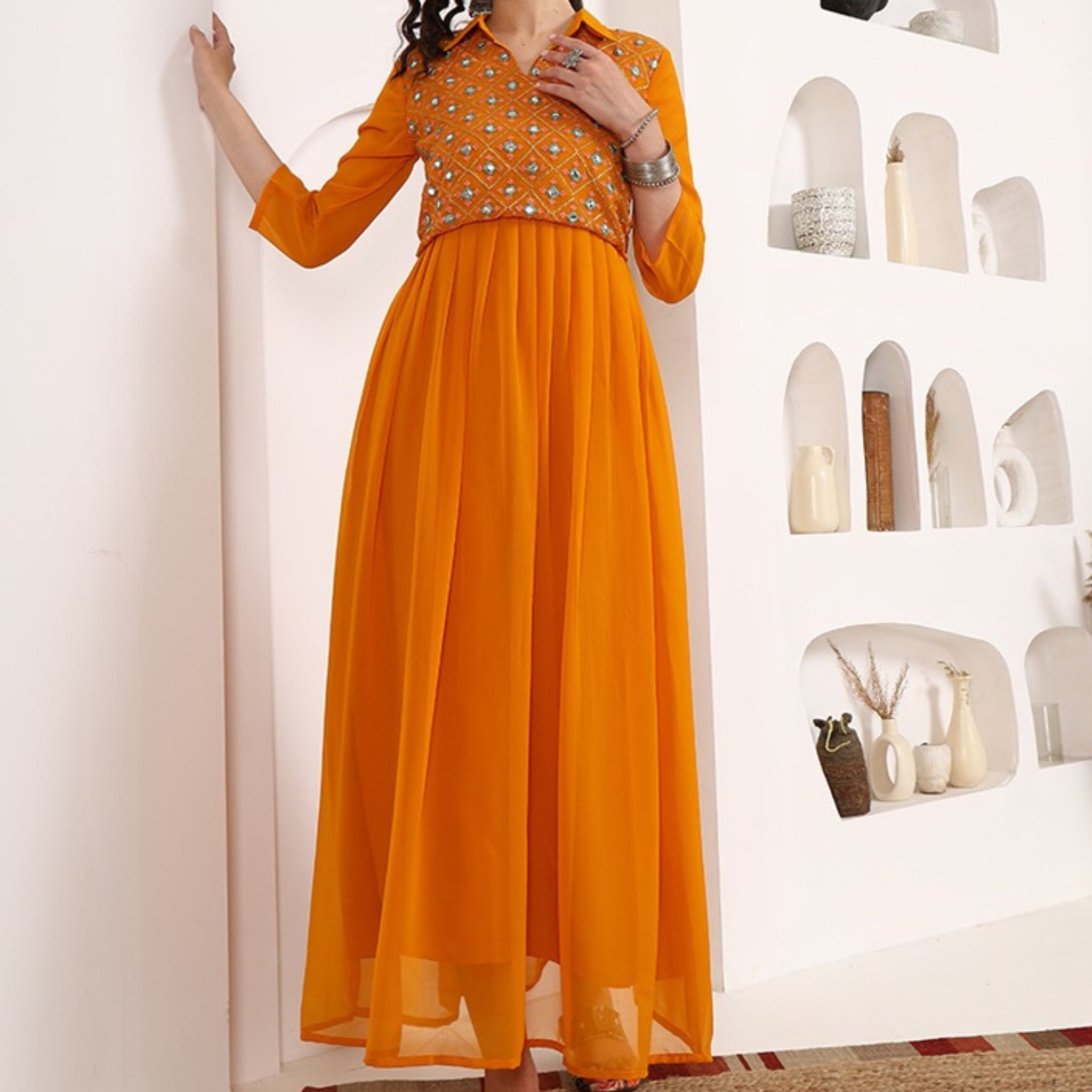 Mustard Georgette Embroidered Anarkali Dress