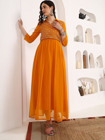 Mustard Georgette Embroidered Anarkali Dress