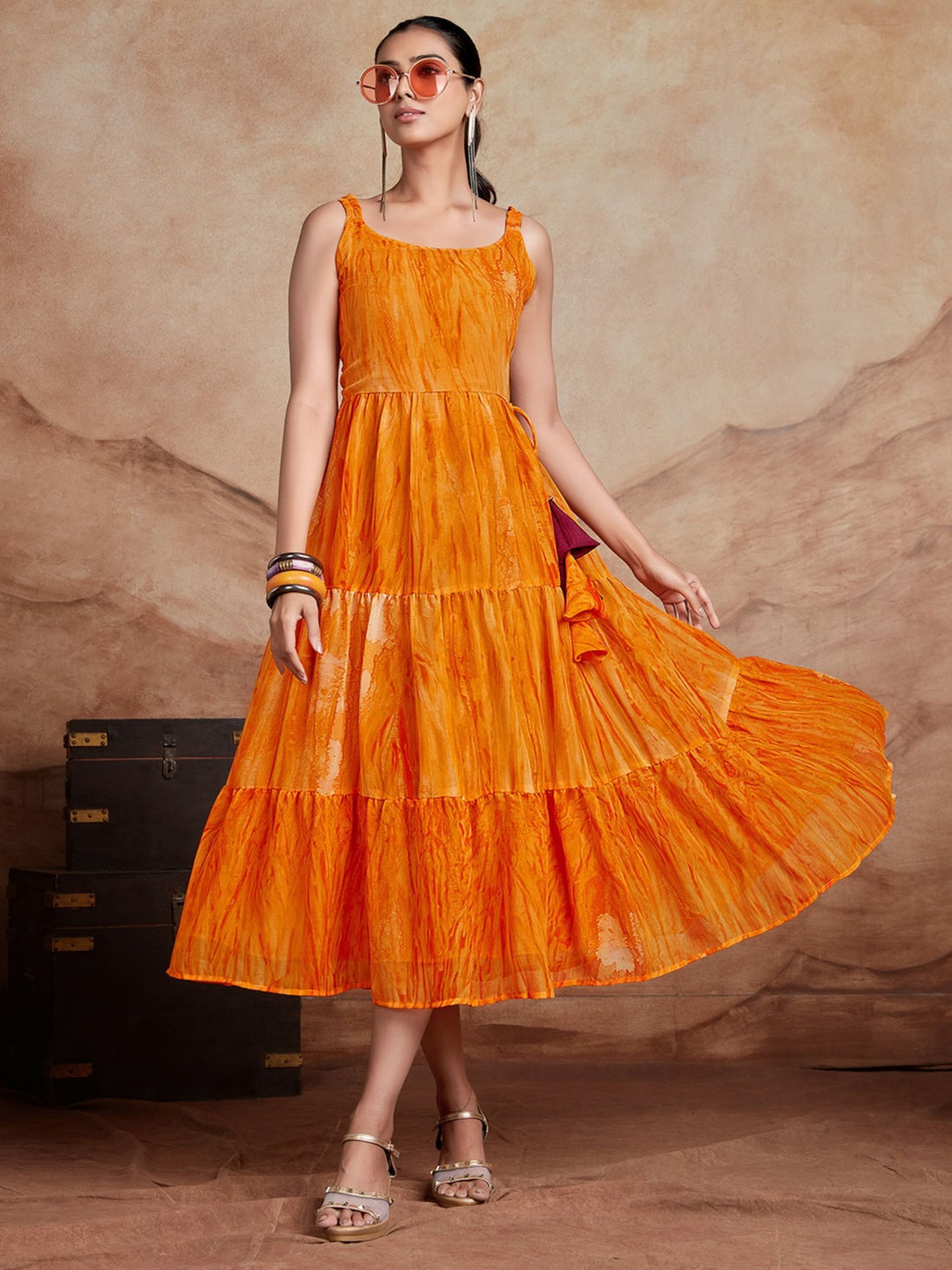 Orange Georgette Anarkali Digital Print Dress