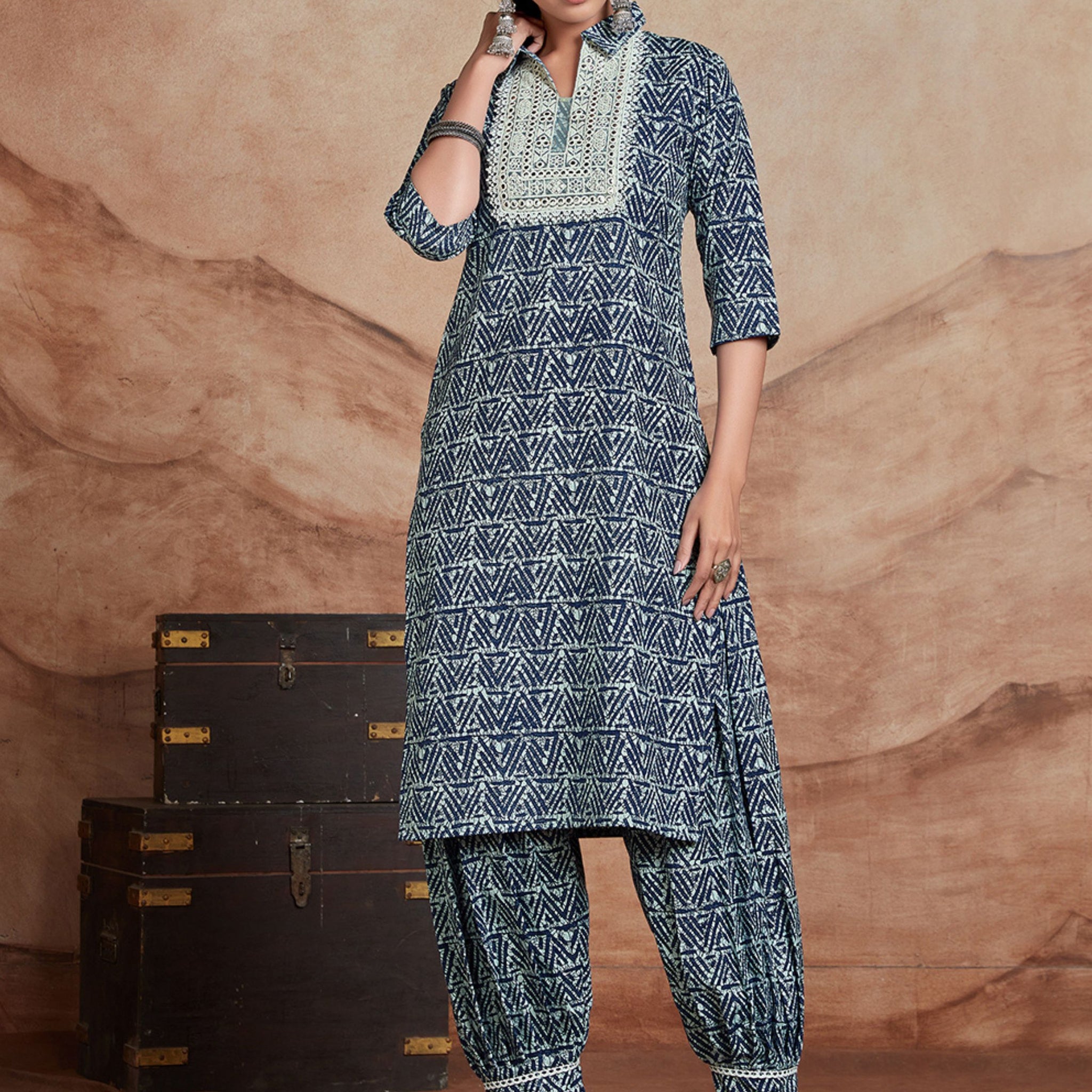 Cotton Blend Embroidered Kurta and Salwar Set