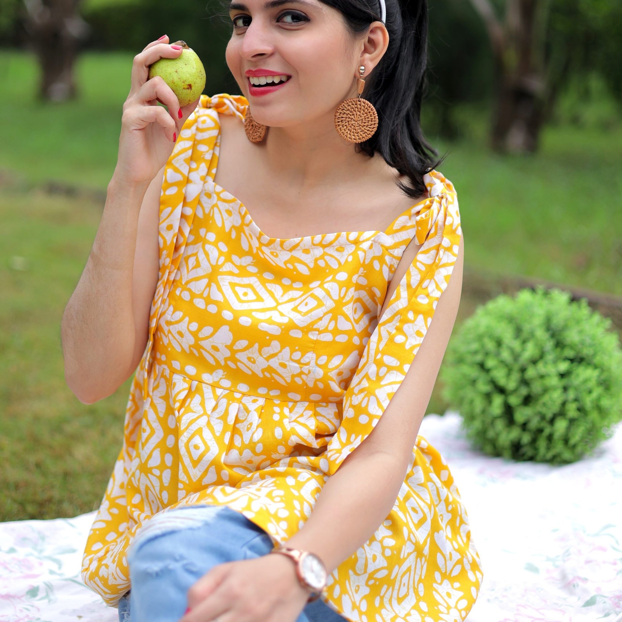Yellow Cotton Blend Batik Print A-line shoulder tie up Short Top