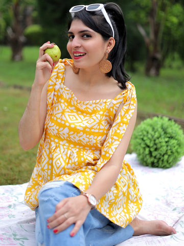 Yellow Cotton Blend Batik Print A-line shoulder tie up Short Top