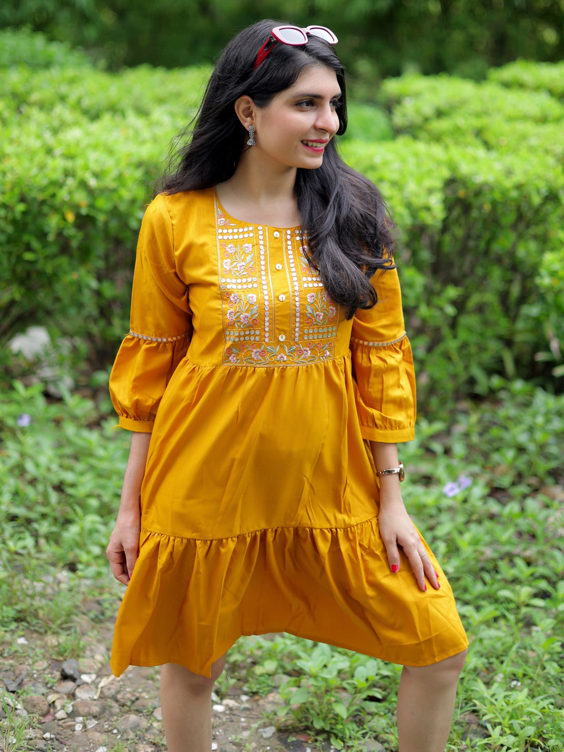 Mustard Cotton Blend Yoke Embroidery Fit & Flared Dress