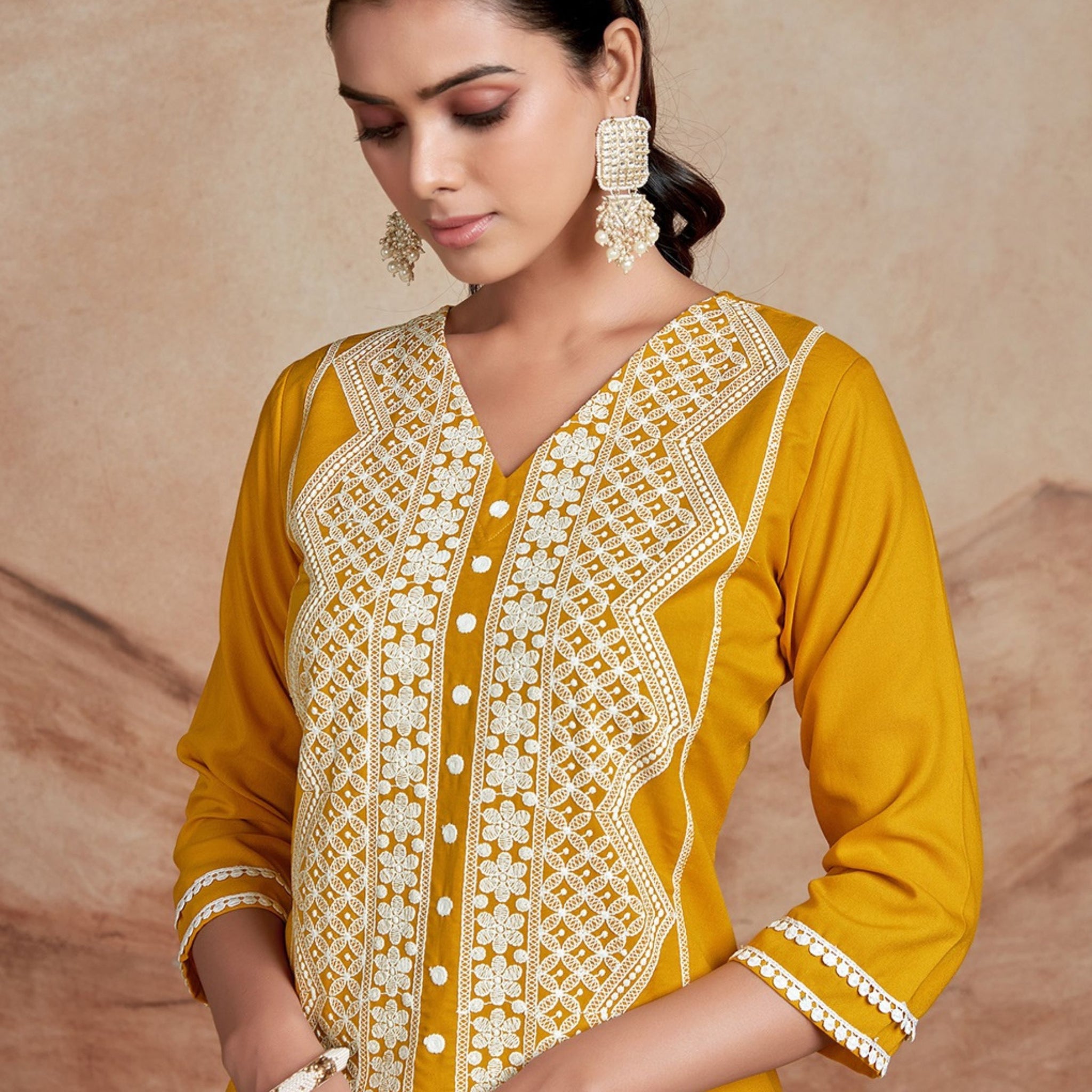 Mustard Cotton Rayon Chikankari Embroidery Straight Kurta