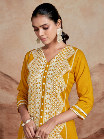 Mustard Cotton Rayon Chikankari Embroidery Straight Kurta