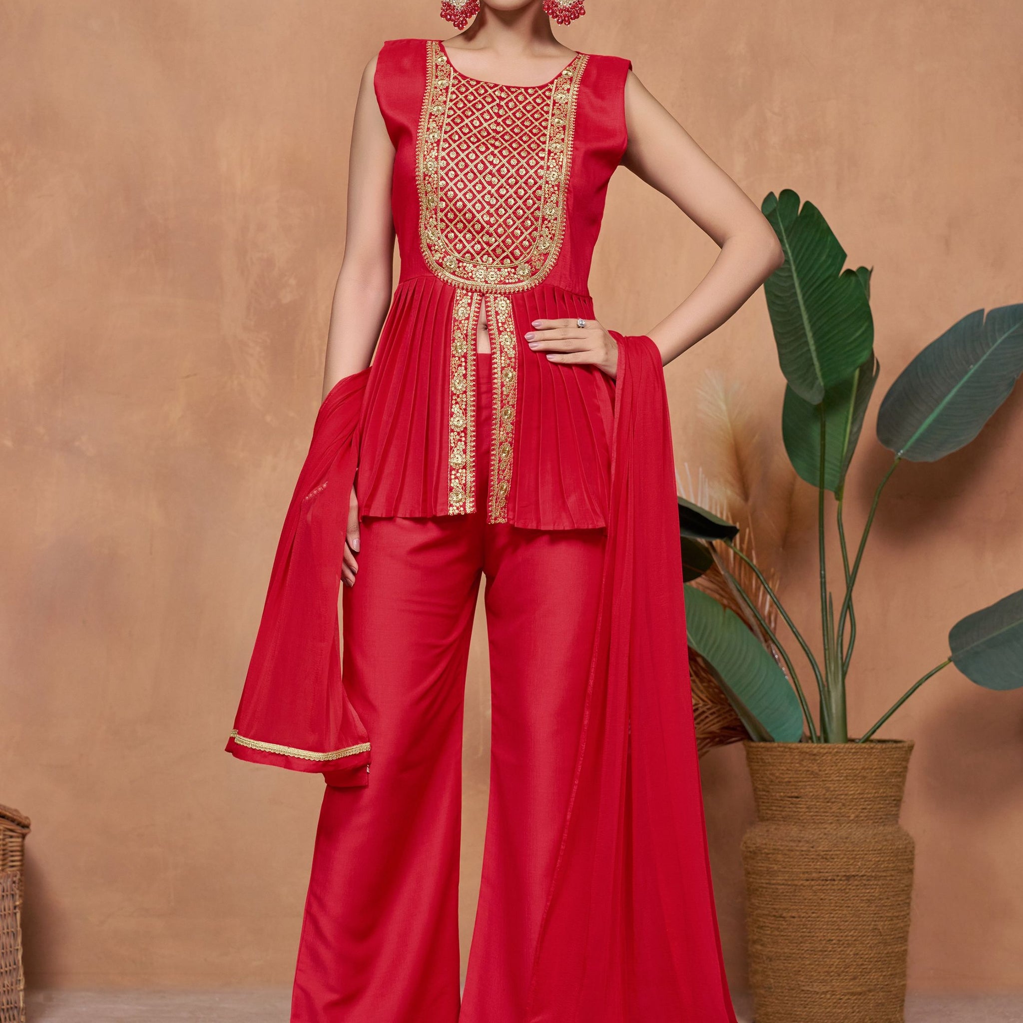 Chinon Embroidered short Kurta Palazzo With Dupatta Set