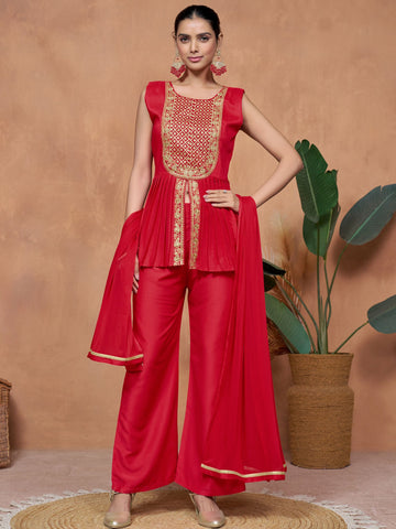 Chinon Embroidered short Kurta Palazzo With Dupatta Set