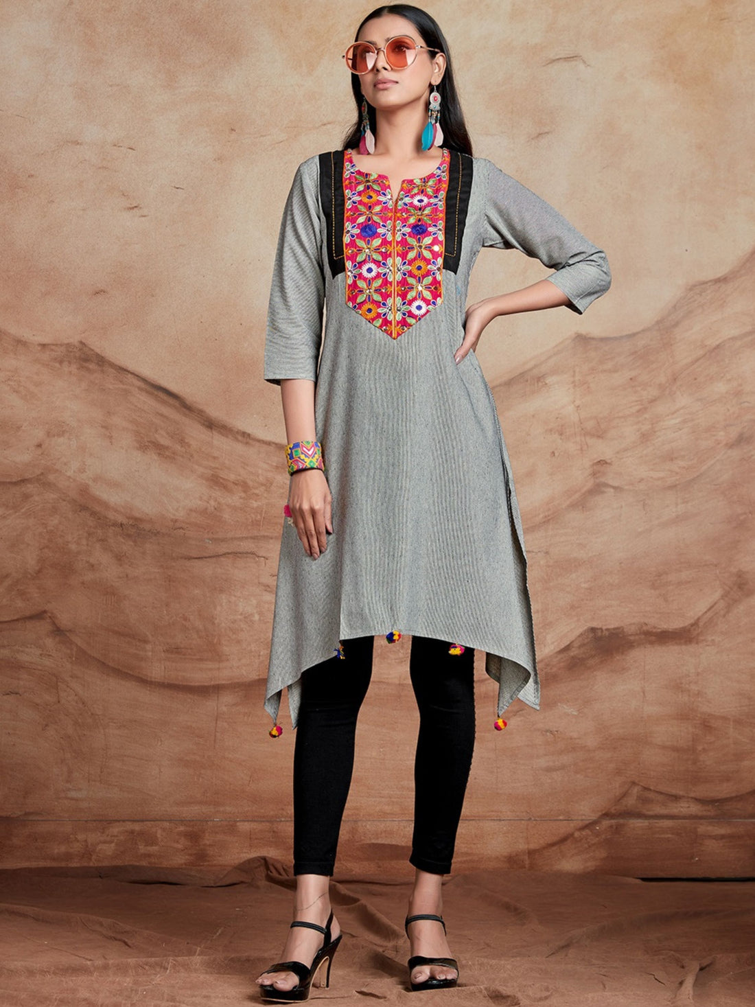 Grey Cotton Blend Embroidered High Low Kurta