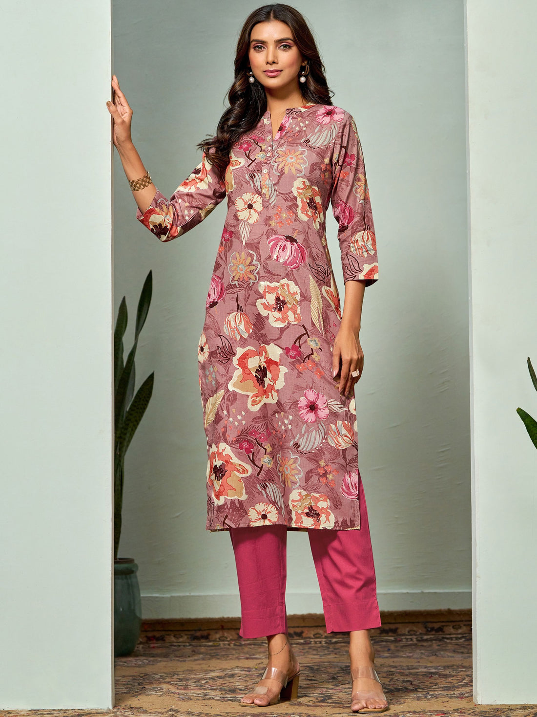 Straight Floral Print Kurta With Pant Set